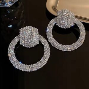 Big Bold Rhinestone Silver Hoop Earrings Circle Pave Crystal Statement Jewelry